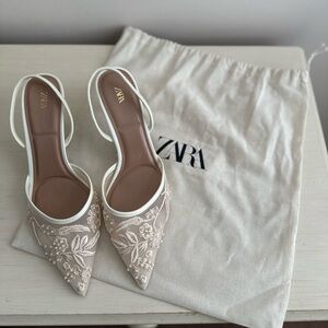 ZARA Embroidered Mesh Slingback Heels - White | Size 38 | NWOT